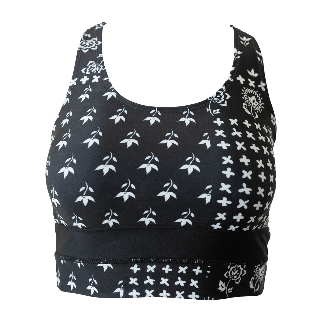Flat lay of a black and white floral swimsuit top.