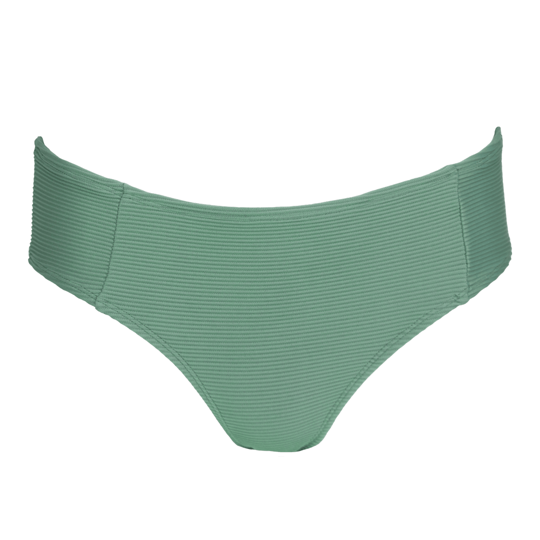 Textured green full coverage bikini bottoms on a white background.