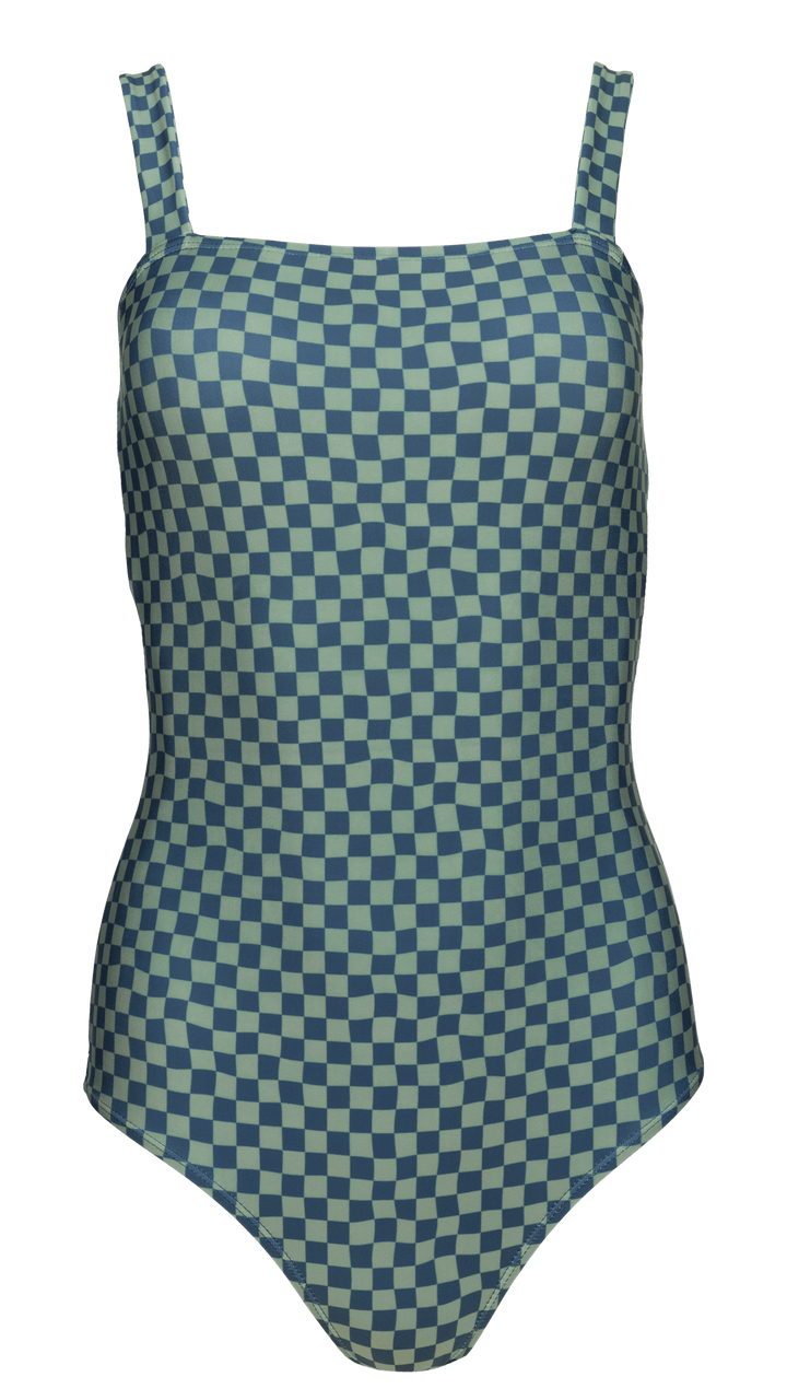 Blue and green checkered one piece swimsuit. Swimsuit on a white background.