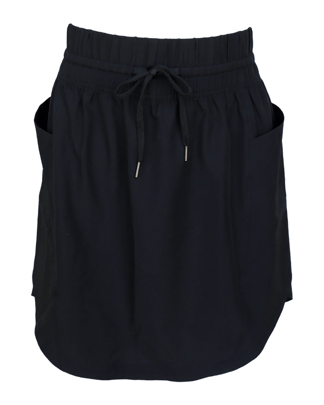 A studio flat lay of a black athletic skirt.