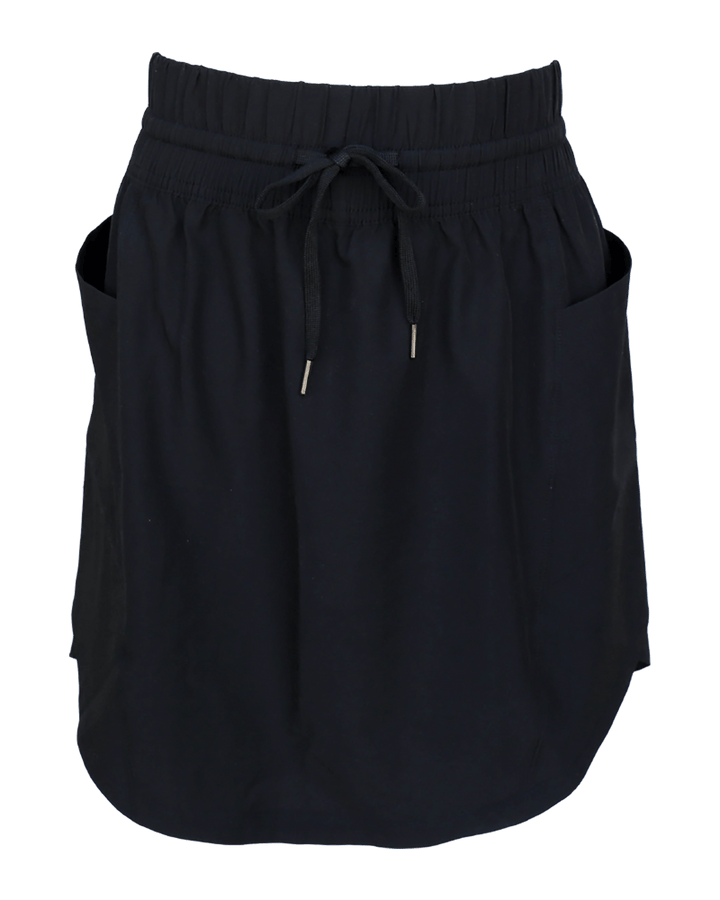 A studio flat lay of a black athletic skirt.