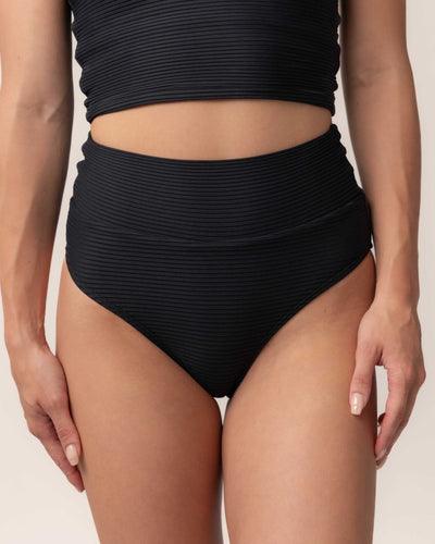 Black Flat Rib Mid Rise Bottom