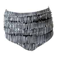 Flat lay image of black and white patterned swimsuit bottoms.