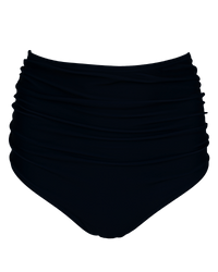 A flat lay image of black high waisted swimsuit bottoms.