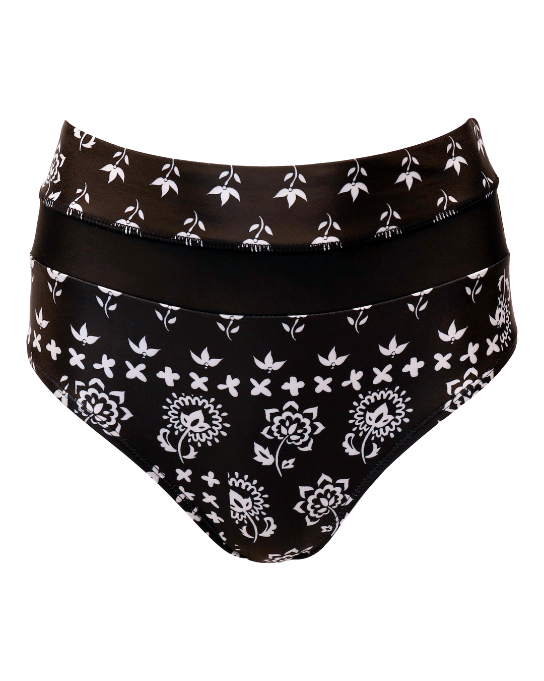 Flat lay of black and white floral high waisted swimsuit bottoms.