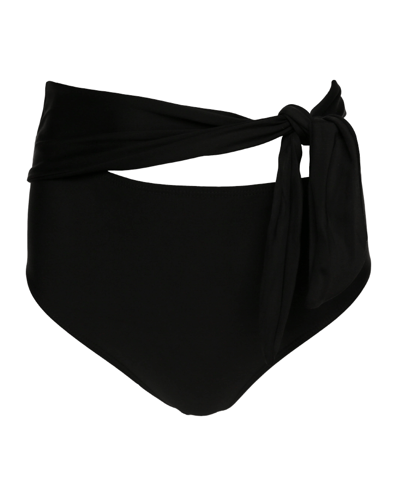 A flat lay image of black swimsuit bottoms with a tie detail on the side.