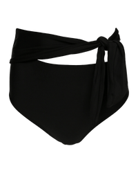 A flat lay image of black swimsuit bottoms with a tie detail on the side.