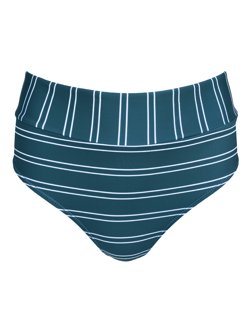 Flat lay image of  blue and white striped swimsuit bottoms.