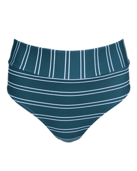 Flat lay image of  blue and white striped swimsuit bottoms.