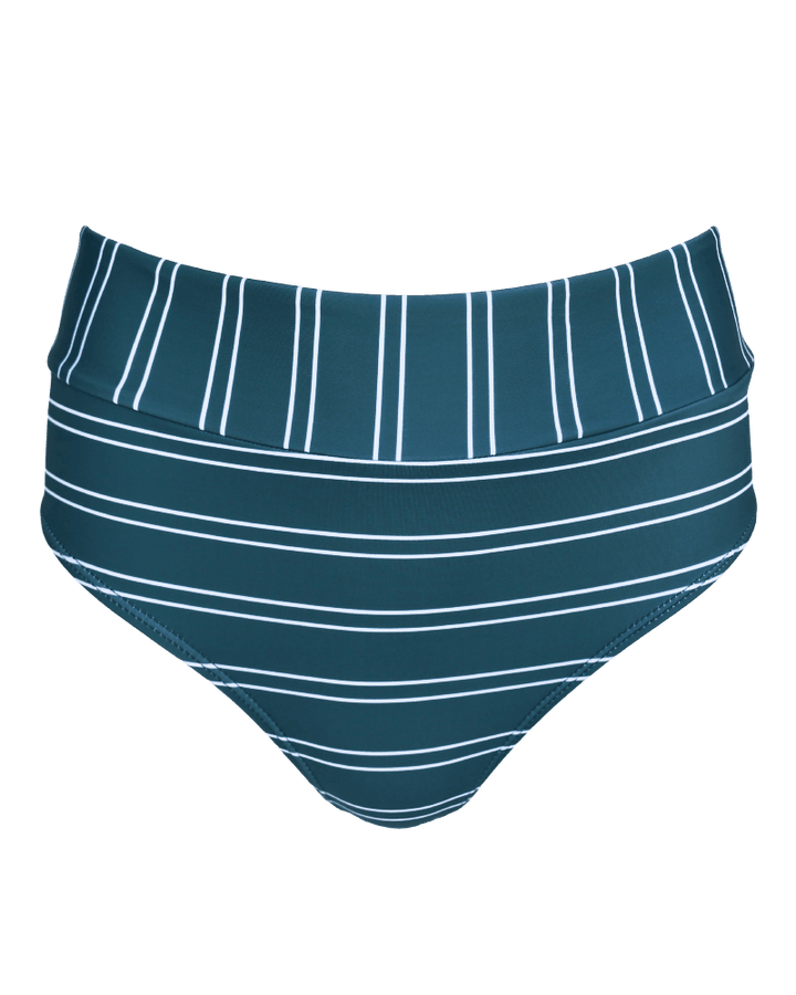 Flat lay image of  blue and white striped swimsuit bottoms.