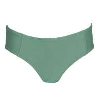 Textured green full coverage bikini bottoms on a white background. 