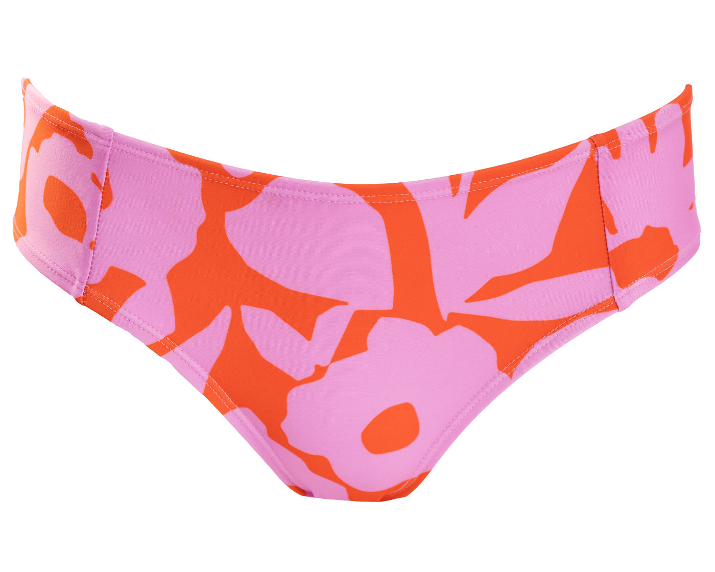A flat lay image of a pink and red floral bikini bottom.