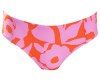 A flat lay image of a pink and red floral bikini bottom.