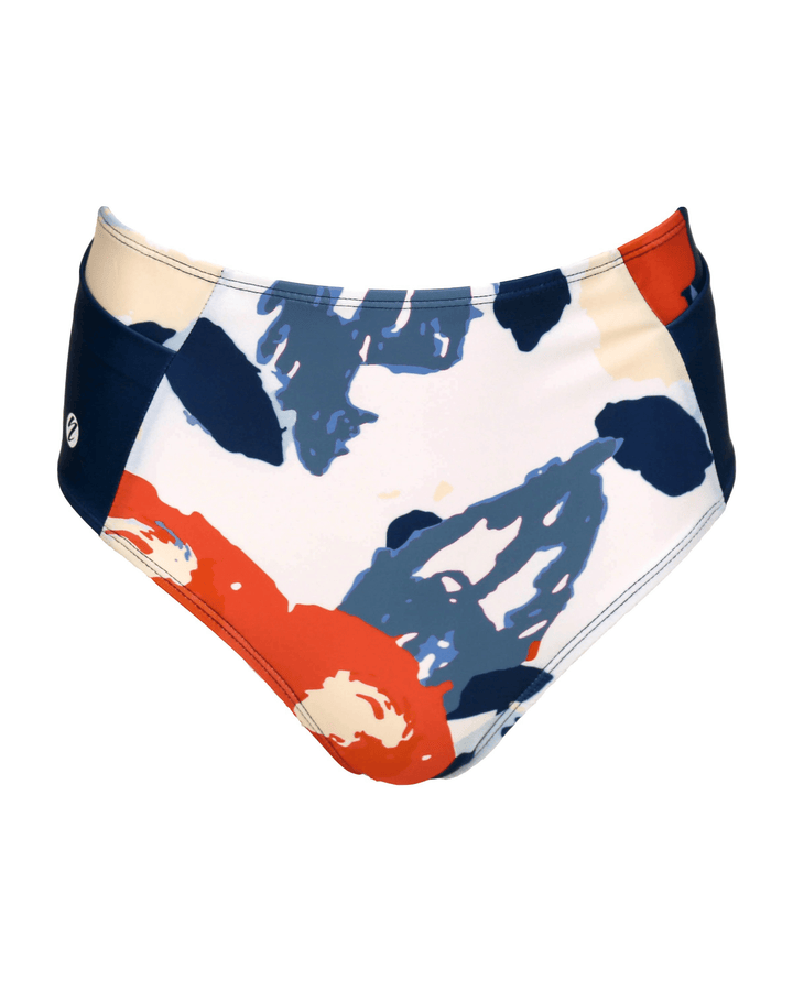 A flat lay image of red, white, and blue high waisted swimsuit bottoms with a yoga pocket detail.