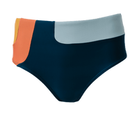Product flat lay of a blue, white, orange, and yellow patterned swimsuit bottom. 