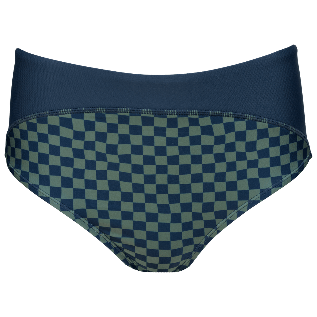 Blue and green checkered mid rise swim bottoms with a navy blue band. Swim bottoms on a white background