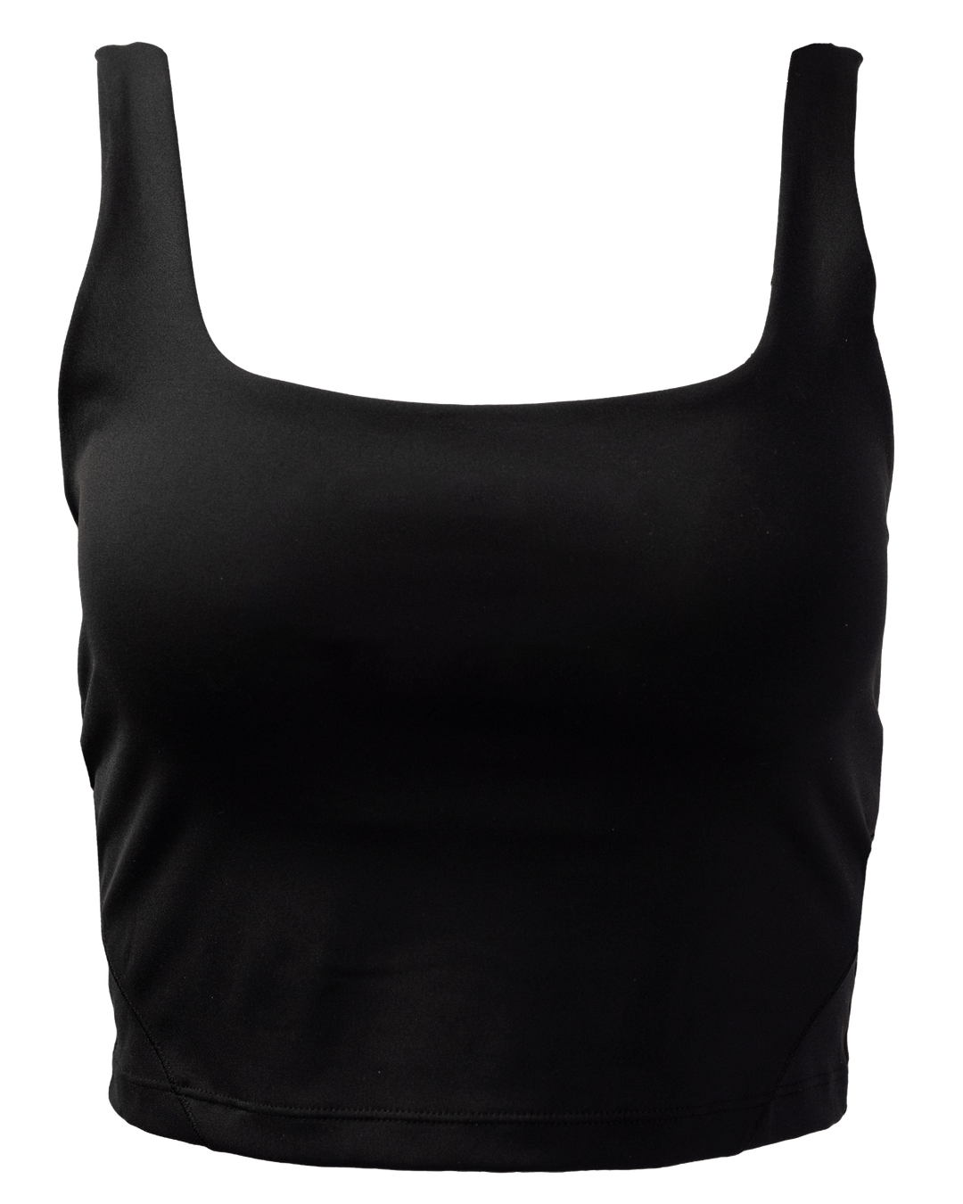 A flat lay image of a black cropped sports bra.