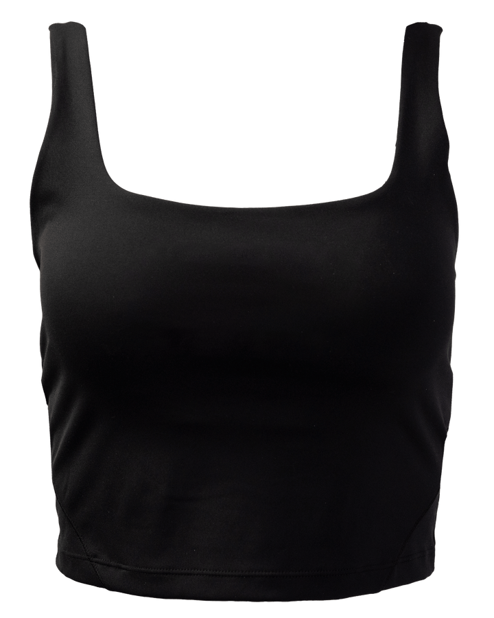 A flat lay image of a black cropped sports bra.