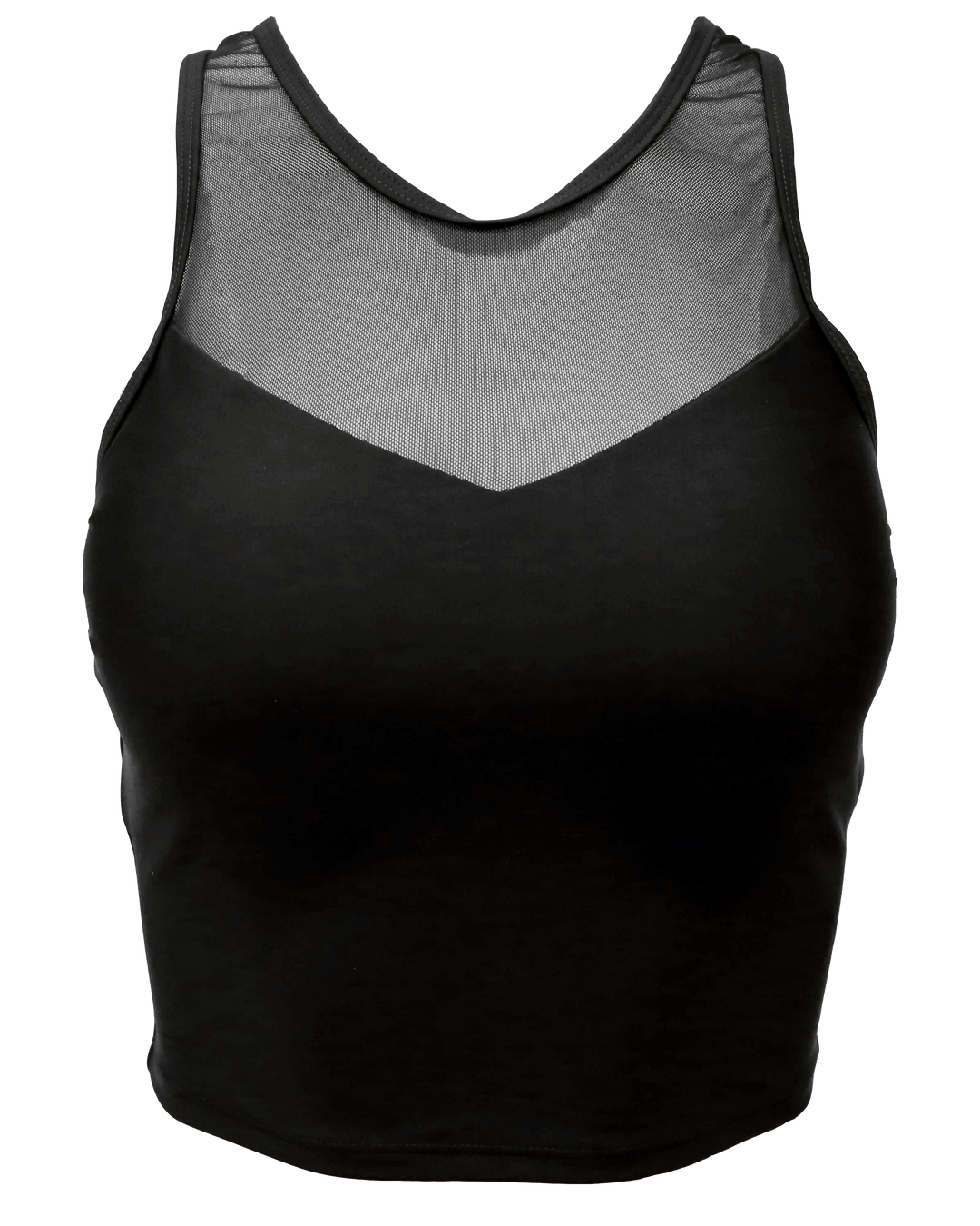 A flat lay image of a black athletic swim top with mesh detailing.