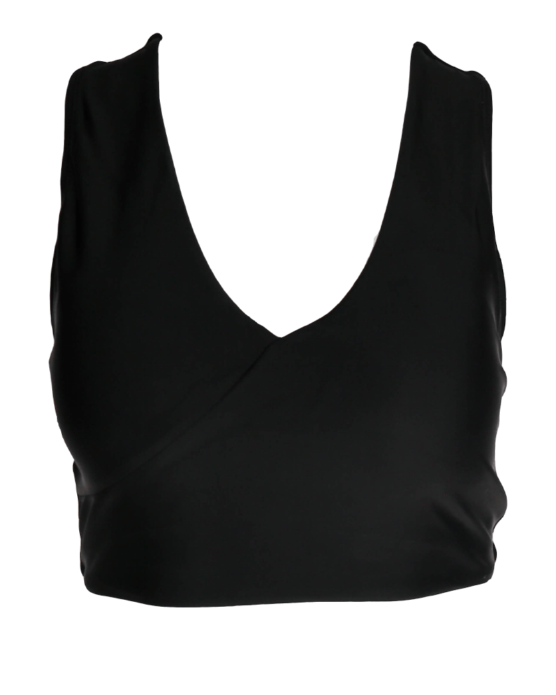 A flat lay of a black v neck swimsuit top.