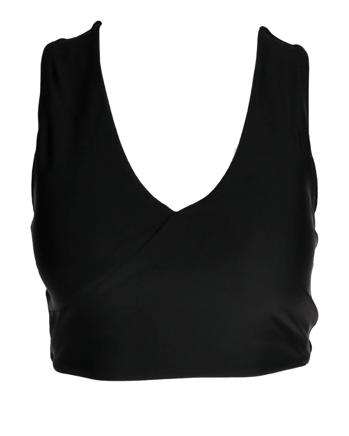 A flat lay of a black v neck swimsuit top.