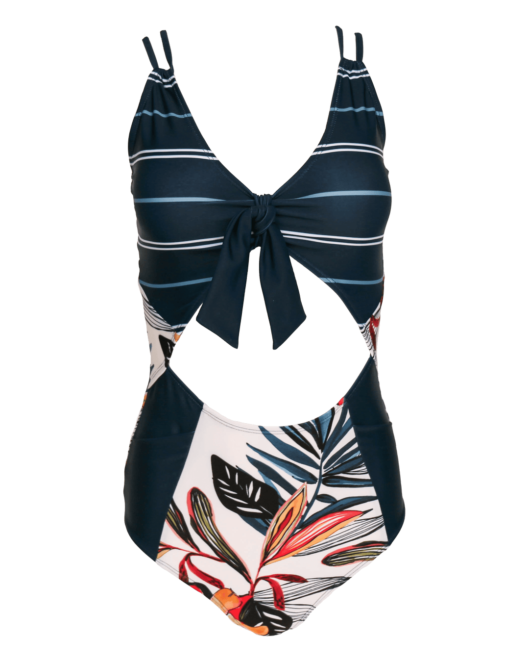 Flat lay photo of a navy one piece swimsuit with a keyhole cut out in the front.