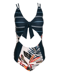 Flat lay photo of a navy one piece swimsuit with a keyhole cut out in the front.