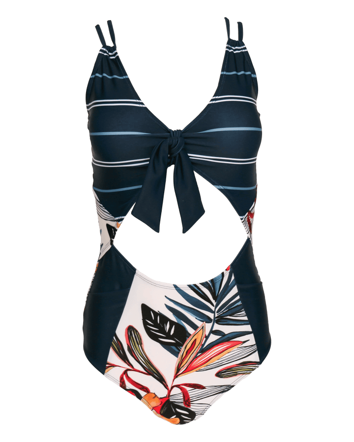 Flat lay photo of a navy one piece swimsuit with a keyhole cut out in the front.