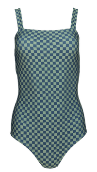 Blue and green checkered one piece swimsuit. Swimsuit on a white background.