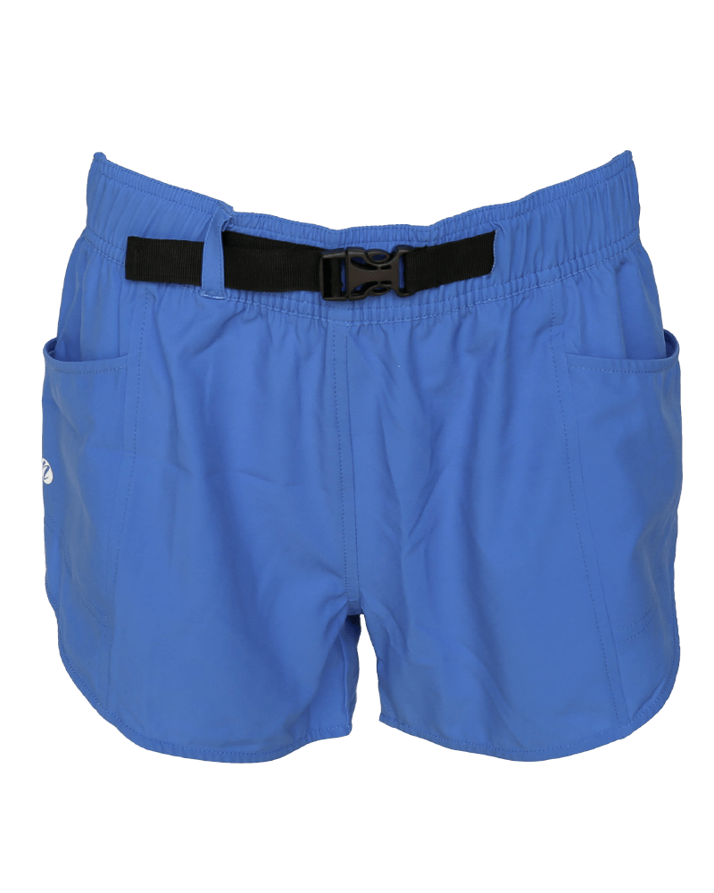 A flat lay of blue exercise shorts with an adjustable clip waistband.