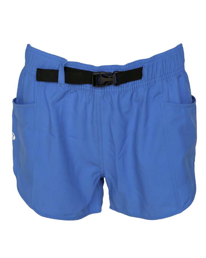 A flat lay of blue exercise shorts with an adjustable clip waistband.