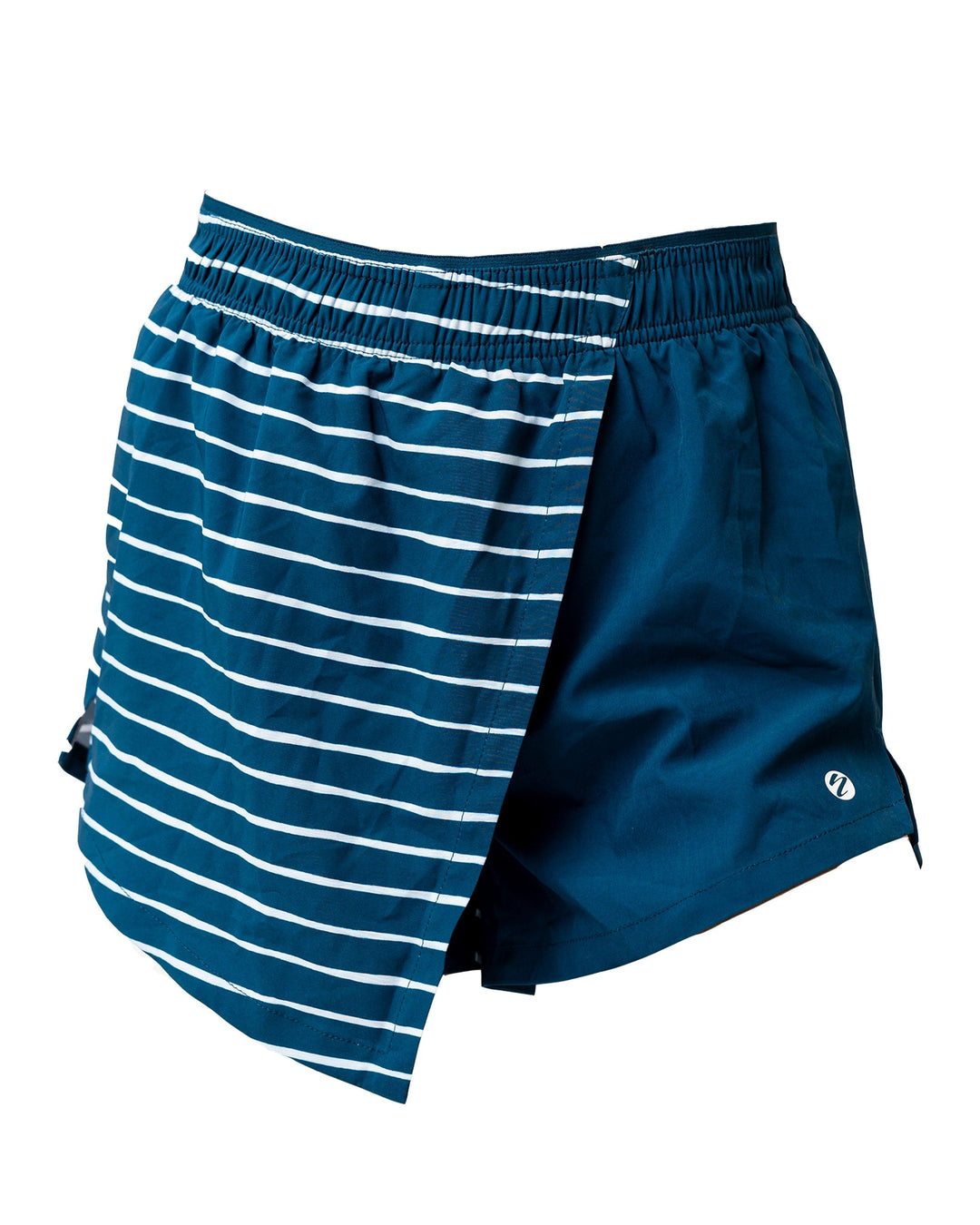 A flat lay image of a  blue and white striped skort.