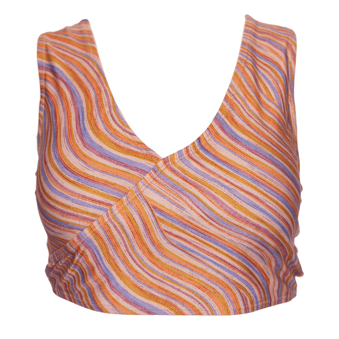 Flat Lay picture of  retro pink, blue, purple and orange wave bikini top