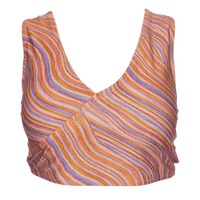 Flat Lay picture of  retro pink, blue, purple and orange wave bikini top