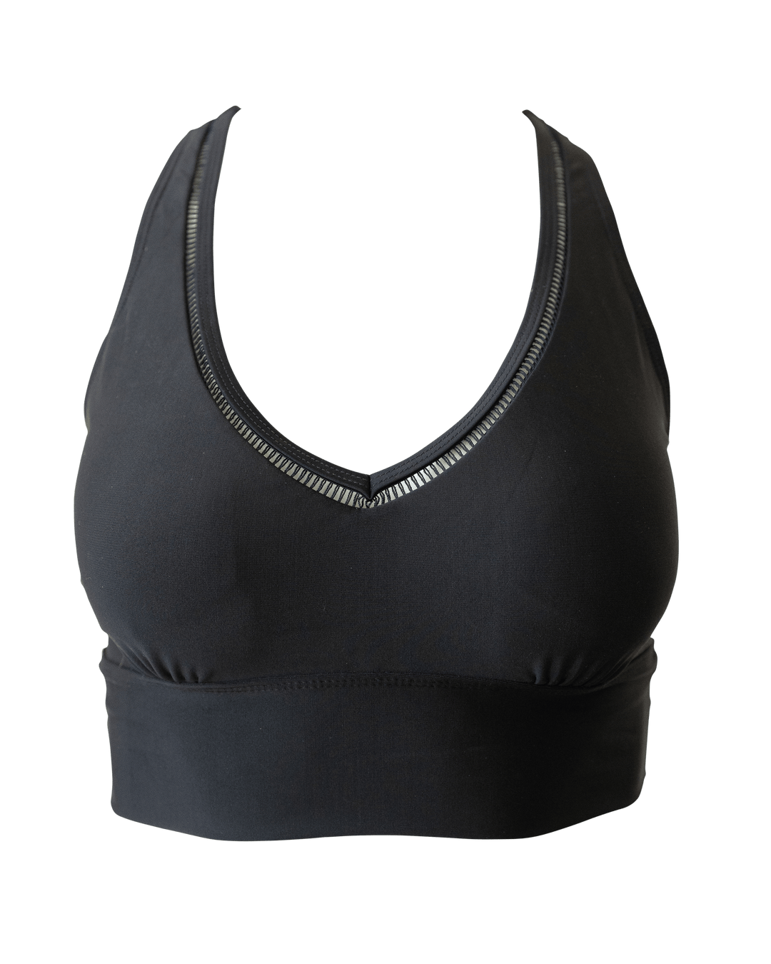 A flat lay image of a black v neck swimsuit top.