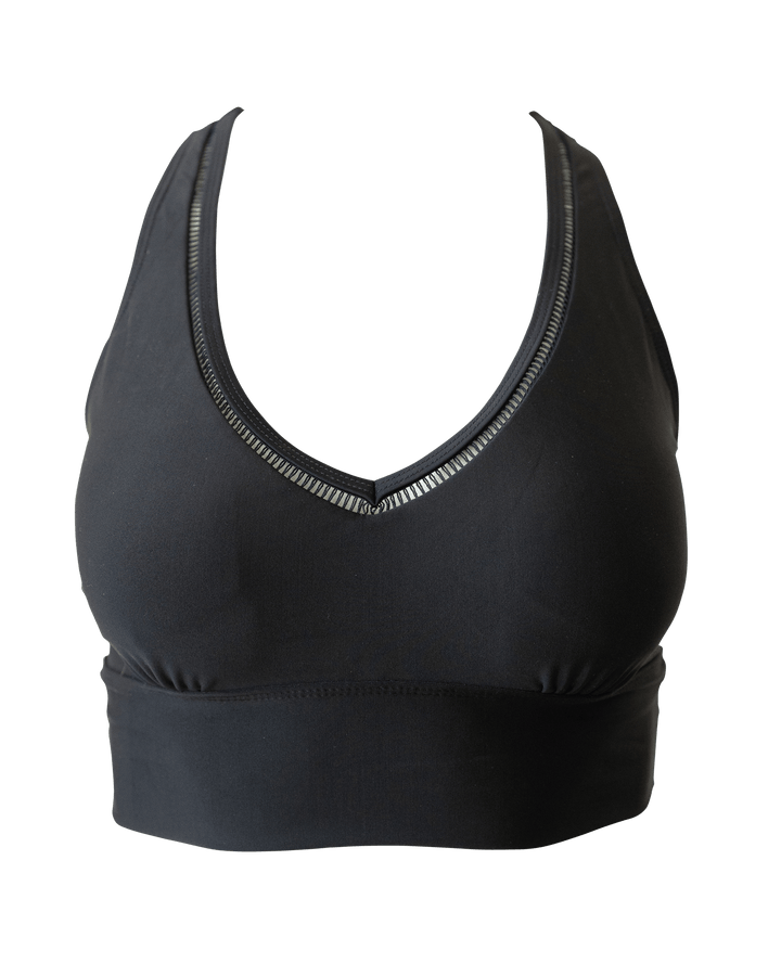 A flat lay image of a black v neck swimsuit top.