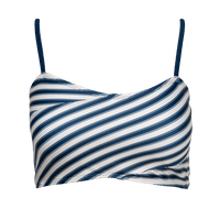 Striped criss cross swim top with navy and cream stripes. Swim top up against a white background