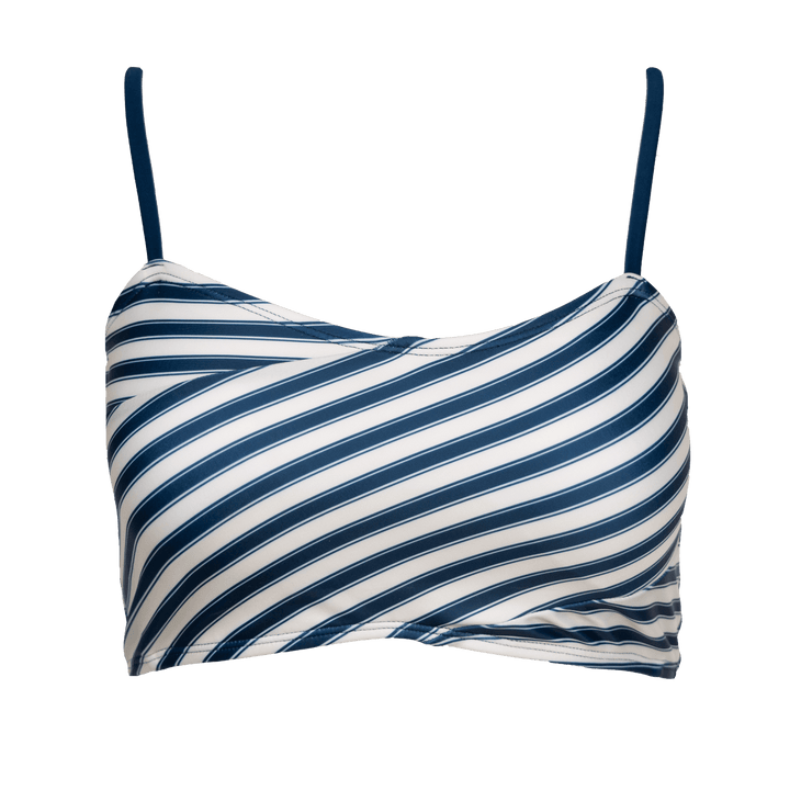 Striped criss cross swim top with navy and cream stripes. Swim top up against a white background