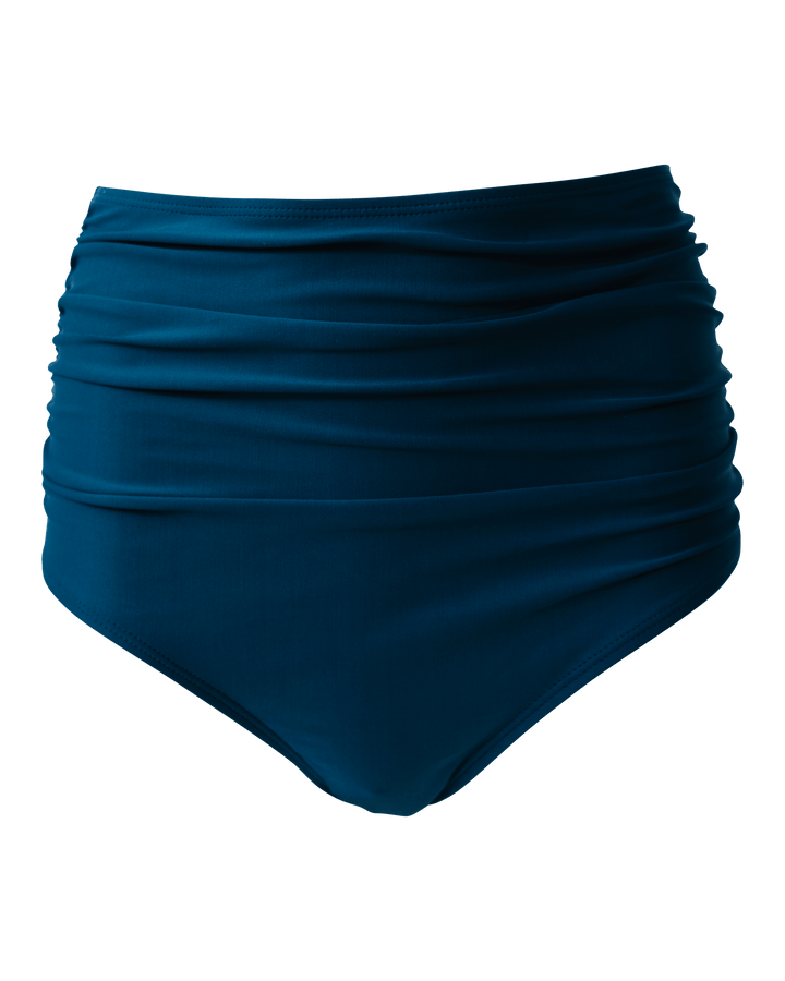 A flat lay image of blue high waisted ruched swimsuit bottoms.